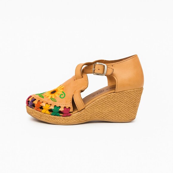 Handcrafted Mexican Leather Huaraches Wedge Sandals with Sunflower Embroidery 8 - Picture 2 of 8